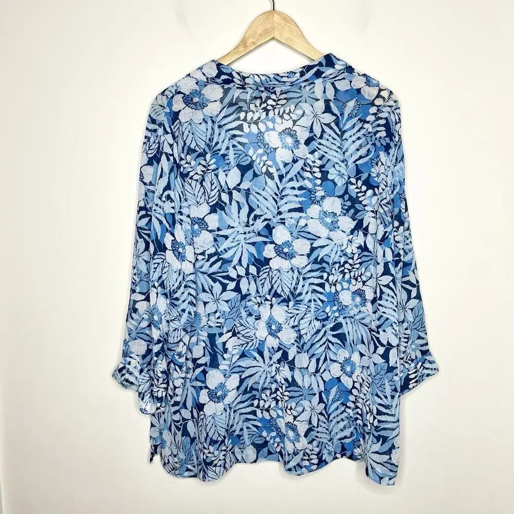 Sheer Tropical Floral Top Blue Womens Size 1X Cathy Daniels Resort